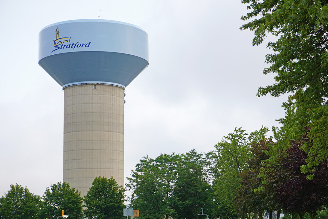 Water tower with City of Stratford logo